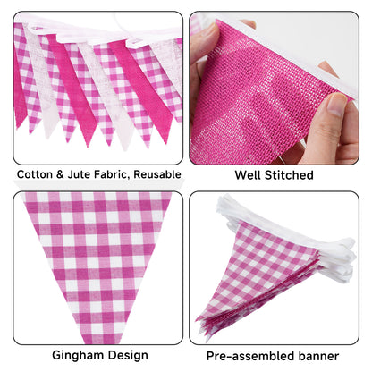 G2PLUS Pink and White Checkered Banner, 32Ft Pink Pennant Banner Garland, Party Decorations Triangular Bunting Garland for Baby Shower Girl, Birthday Party, Bridal Shower, Wedding Décor, Valentine’s Day & Outdoor Celebrations