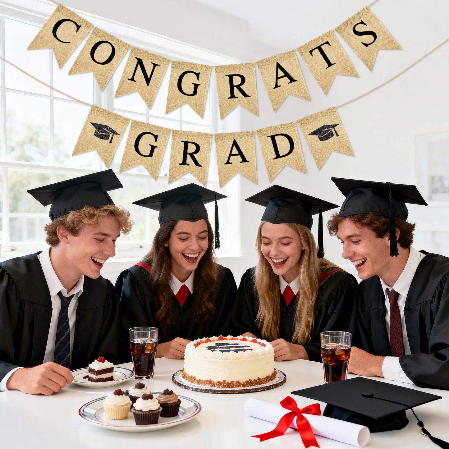 G2PLUS Congrats Grad Banner,Pre-strung Graduation Party Decorations Banner for School, Rustic Graduation Burlap Garland for College, Photo Backdrop, Indoor Outdoor Celebration