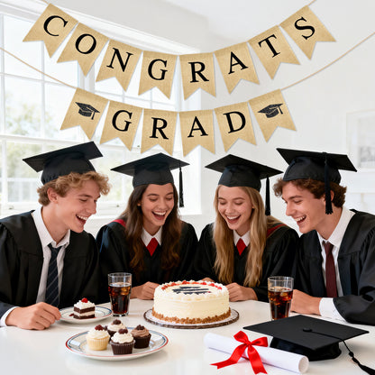 G2PLUS Congrats Grad Banner,Pre-strung Graduation Party Decorations Banner for School, Rustic Graduation Burlap Garland for College, Photo Backdrop, Indoor Outdoor Celebration