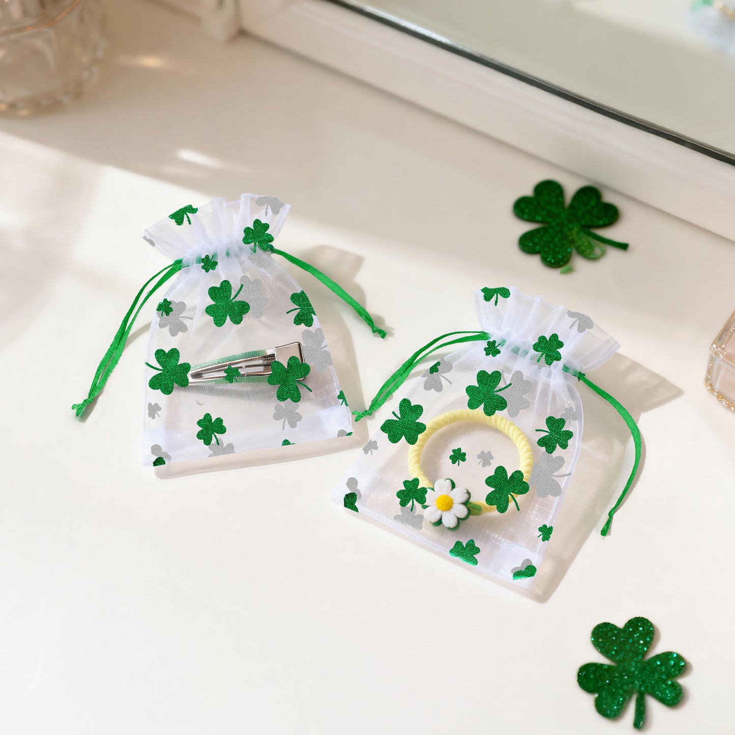 G2PLUS 50PCS St.Patrick's Day Gift Bags Organza 3x4in, Green Foil Shamrock Sheer Mesh Organza Pouches with Drawstring for St.Patrick's Day Party Favors, Candy Gift Bags & Wedding Favors