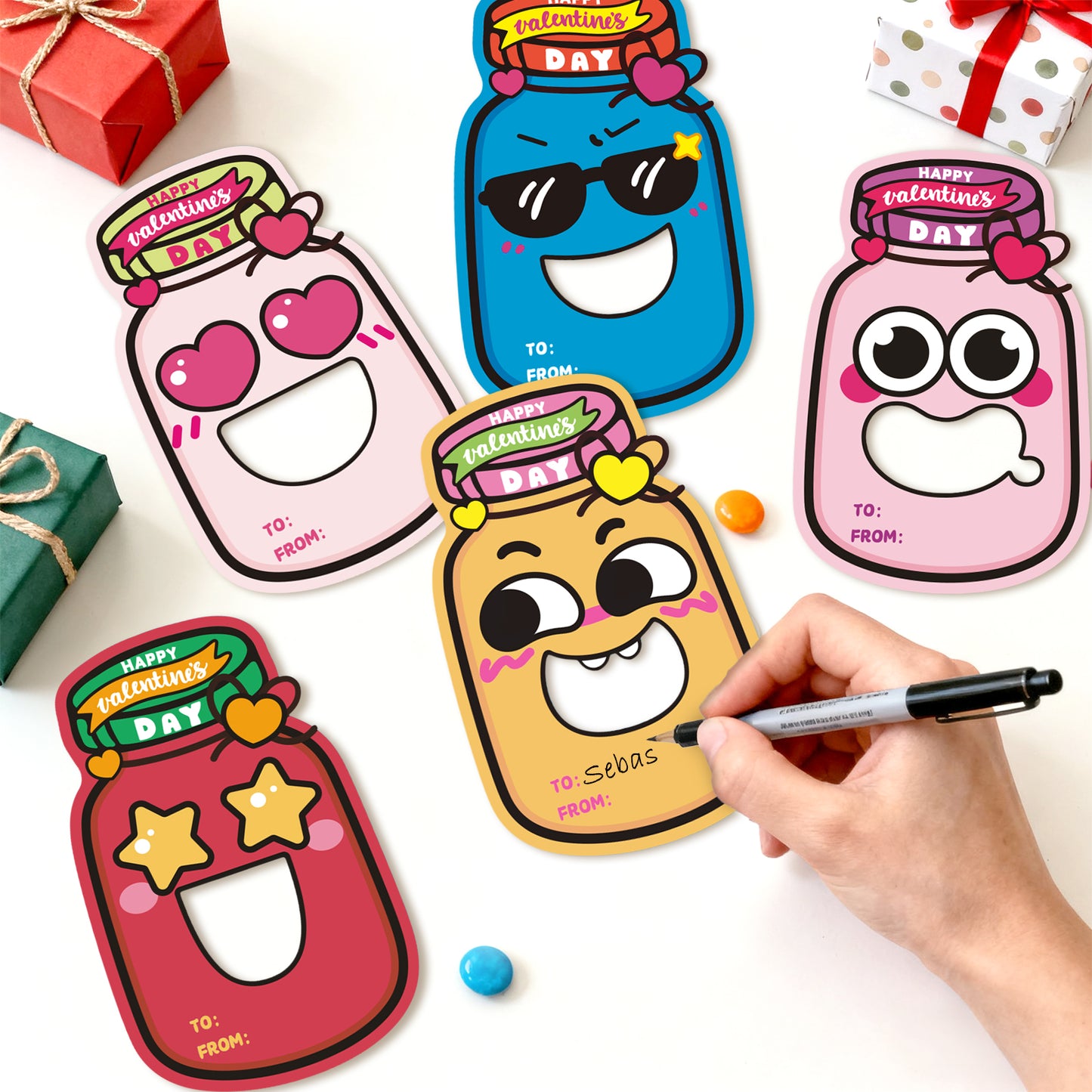 G2PLUS 48 Pack Valentines Day Cards for Kids, 8 Styles Happy Valentine’s Day Mason Jar Cards with Treat Bags for Classroom Valentines Exchange, School Gift Exchange & Party Favors