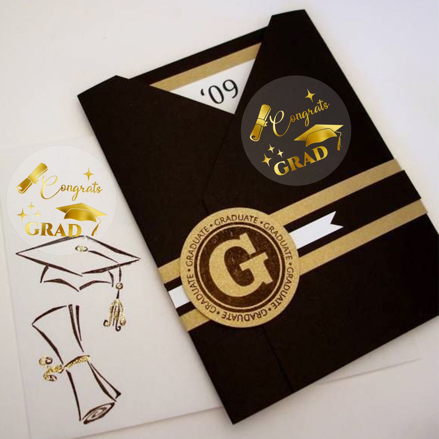 G2PLUS Graduation Stickers, 120PCS Congrats Grad Stickers, 1.6in Gold Foil Graduation Cap Stickers, Transparent Graduation Envelope Seal Sticker for Graduation Invitation and Grad Party Favors
