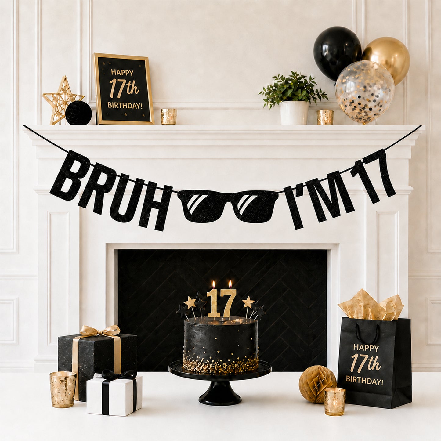 G2PLUS Pre-Strung 17th Birthday Banner, Glitter 17th Birthday Decorations Black Happy 17th Birthday Banner, 3m Bruh I'm 17 Banner, 17th Birthday Party Decorations for Boys