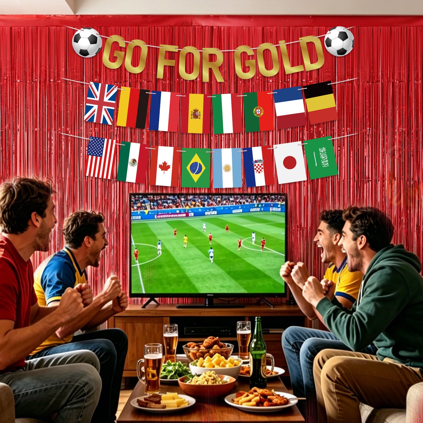 G2PLUS Party Decorations Set for World Cup Football 2026: Pre-strung Go For Gold Banner, 2PCS Flag Bunting with 2PCS Red Tinsel Fringe Curtains for Home, Bar and Garden Viewing Parties
