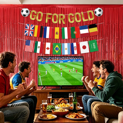 G2PLUS Party Decorations Set for World Cup Football 2026: Pre-strung Go For Gold Banner, 2PCS Flag Bunting with 2PCS Red Tinsel Fringe Curtains for Home, Bar and Garden Viewing Parties