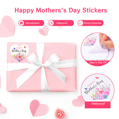 G2PLUS Mother's Day Stickers, 60PCS Happy Mother's Day Gift Stickers, 2'' Heart Shaped Mother's Day Label Stickers, Floral Gift Stickers for Mother's Day Gift Wrap, Party Favors Decorations