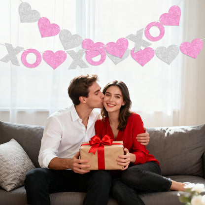 G2PLUS Valentines Day Banner, Glitter Pink Sliver Heart Party Banner, Pre-strung XOXO Paper Bunting Flag Garlands for Valentine’s Day, Anniversary, Birthday, Wedding, Bridal Shower & Photo Backdrop