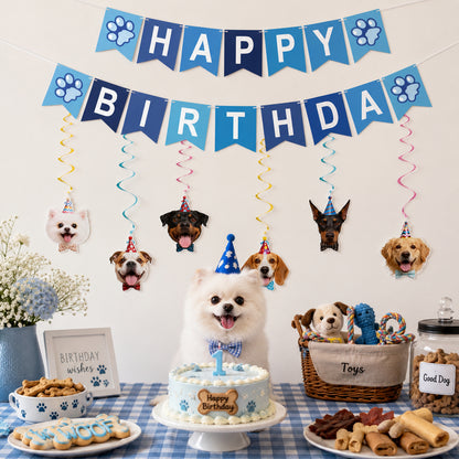 G2PLUS Pre-Strung Dog Birthday Decorations with 6PCS Hanging Swirl, Blue Dog Birthday Banner, Puppy Party Banner for Wall Backdrop Decoration