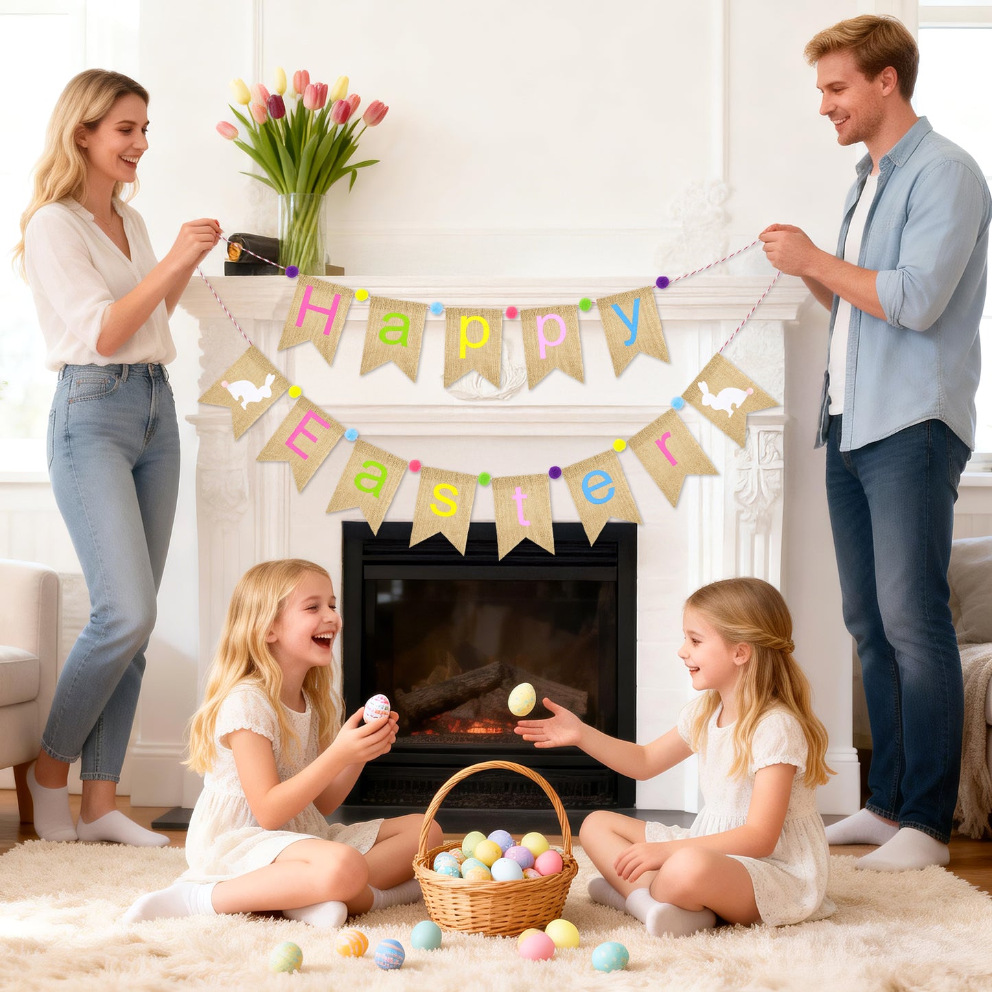 G2PLUS Happy Easter Burlap Banner, Pre-strung Colorful Easter Bunny Garland with Pompom Ball, Rustic Farmhouse Easter Bunting Banner for Home, Mantel, Fireplace, Party & Spring Dec