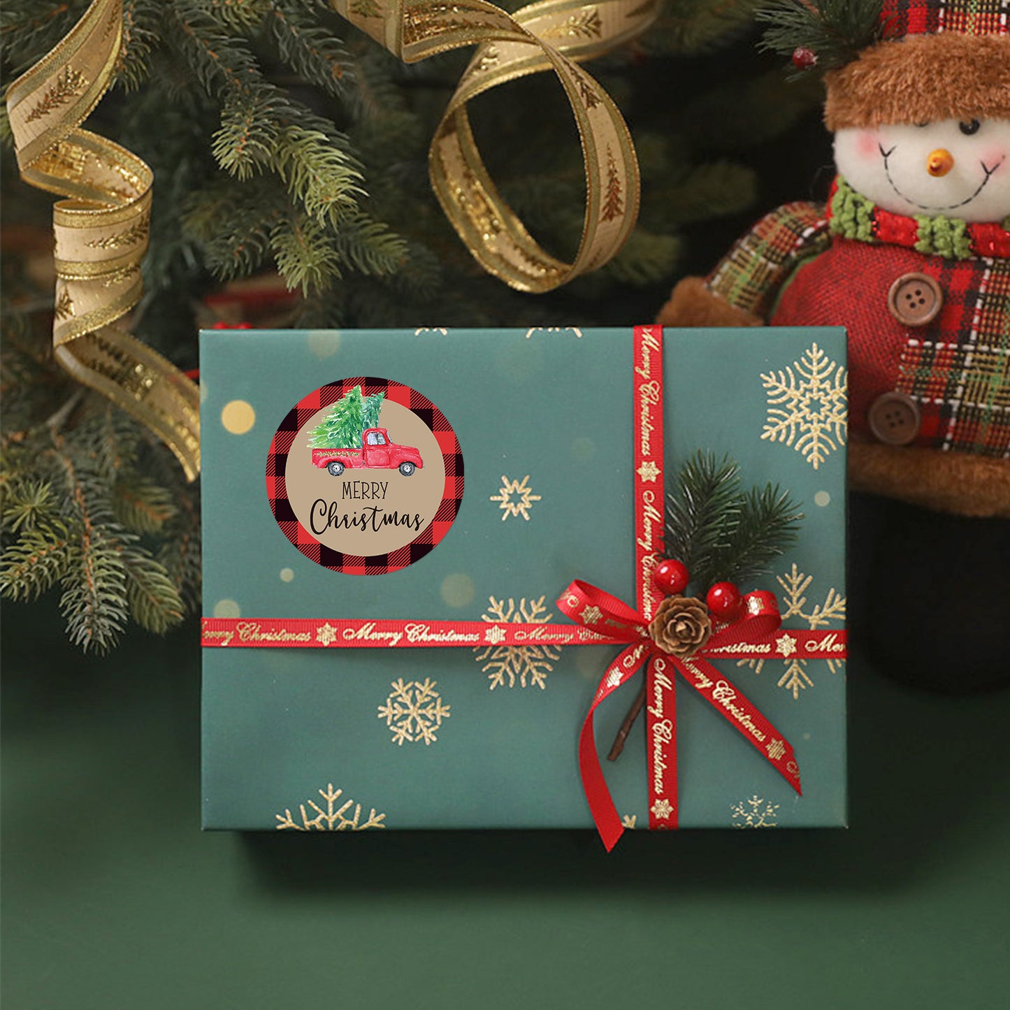 G2PLUS Merry Christmas Stickers, 120PCS Christmas Truck Stickers, 2'' Round Christmas Gift Stickers, Red Black Buffalo Plaid Christmas Stickers, Xmas Tree Gift Stickers for Cards and Envelope Seals