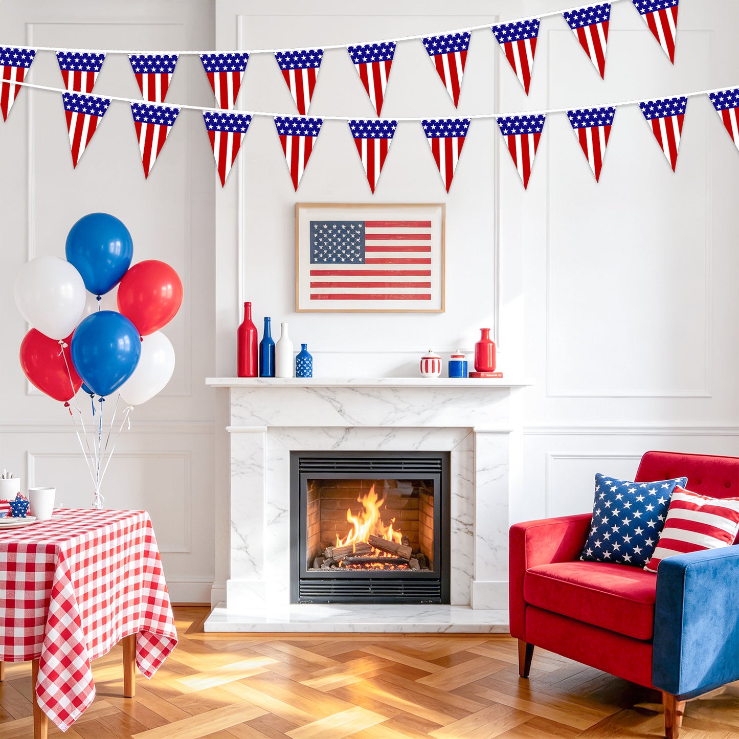 G2PLUS 4 Pack American Flag Pennant Banner, 35FT Pre-Strung Patriotic Triangle Flags, Double-Sided Red White Blue Bunting for 4th of July, Independence Day, Outdoor Party Decorations