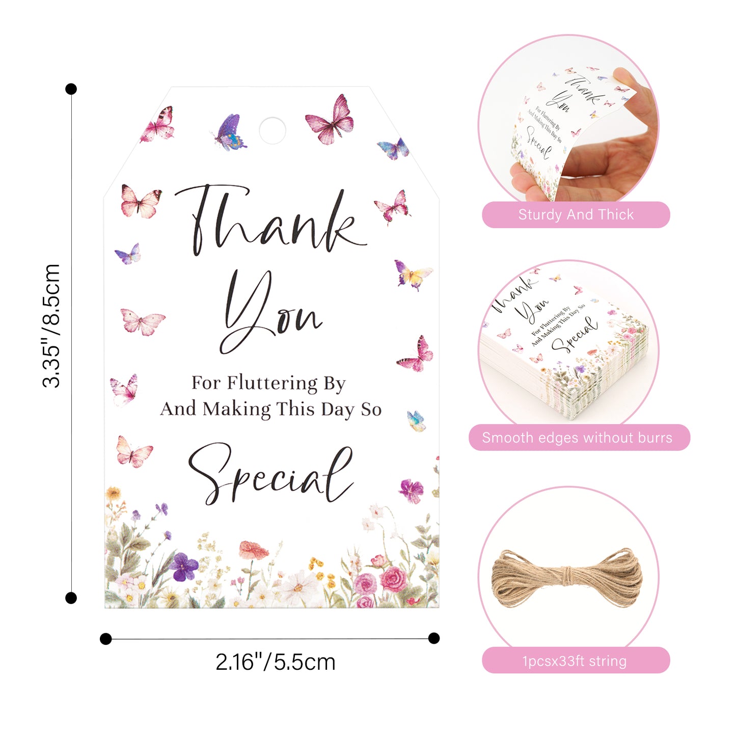 G2PLUS Butterfly Thank You Tags, 50PCS Thank You for Fluttering by Tags, Thank You Paper Tags, Floral Butterfly Gift Tags with String for Baby Shower, Birthday, Wedding Party Favors