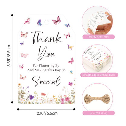 G2PLUS Butterfly Thank You Tags, 50PCS Thank You for Fluttering by Tags, Thank You Paper Tags, Floral Butterfly Gift Tags with String for Baby Shower, Birthday, Wedding Party Favors
