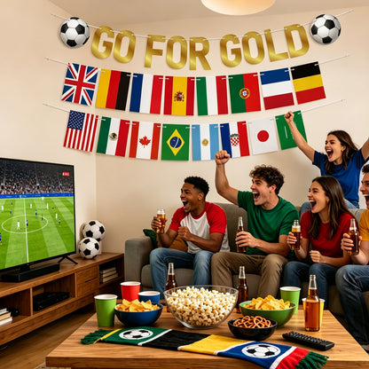 G2PLUS Party Decorations for World Cup Football 2026: Pre-strung Flag Bunting Banner, Go For Gold Banner, Home, Bar and Garden Viewing Parties