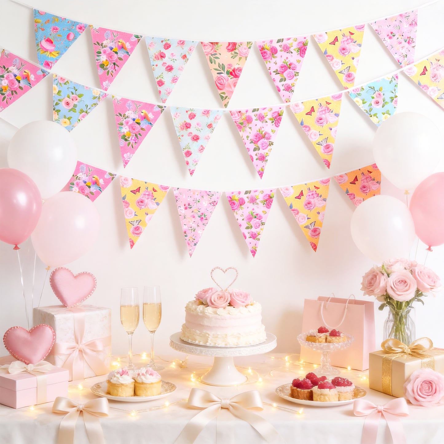 G2PLUS Floral Tea Party Banner, 39Ft Pre-Strung Flower Bunting Garland, Double Sided Paper Pennant Banner Garland for Birthday, Baby Shower, Bridal Shower, Garden, Spring Party Decor (Pink)