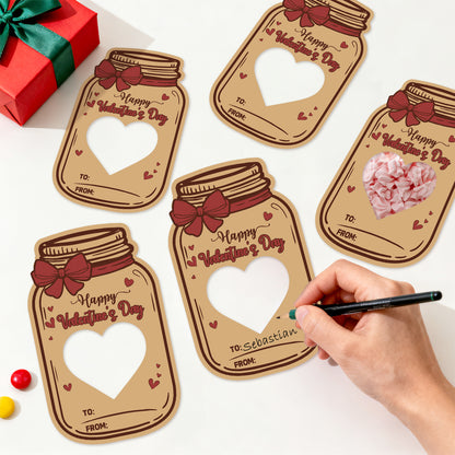 G2PLUS Valentines Day Cards, 50Pack Happy Valentine’s Day Mason Jar Cards with Treat Bags, Heart Cutout Blank Card for Classroom Valentines, Kids Exchange Cards & Valentine Party Favors