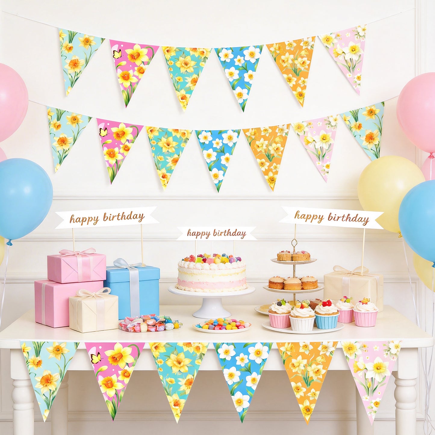 G2PLUS Floral Triangle Banner, 39Ft Pre-Strung Wildflower Paper Bunting Garland, Double Sided Pennant Banner for Tea Party, Birthday, Baby Shower, Garden, Spring Party Decorations (Yellow Narcissus)