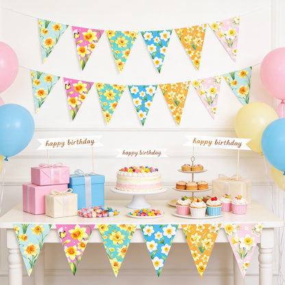 G2PLUS Floral Triangle Banner, 39Ft Pre-Strung Wildflower Paper Bunting Garland, Double Sided Pennant Banner for Tea Party, Birthday, Baby Shower, Garden, Spring Party Decorations (Yellow Narcissus)