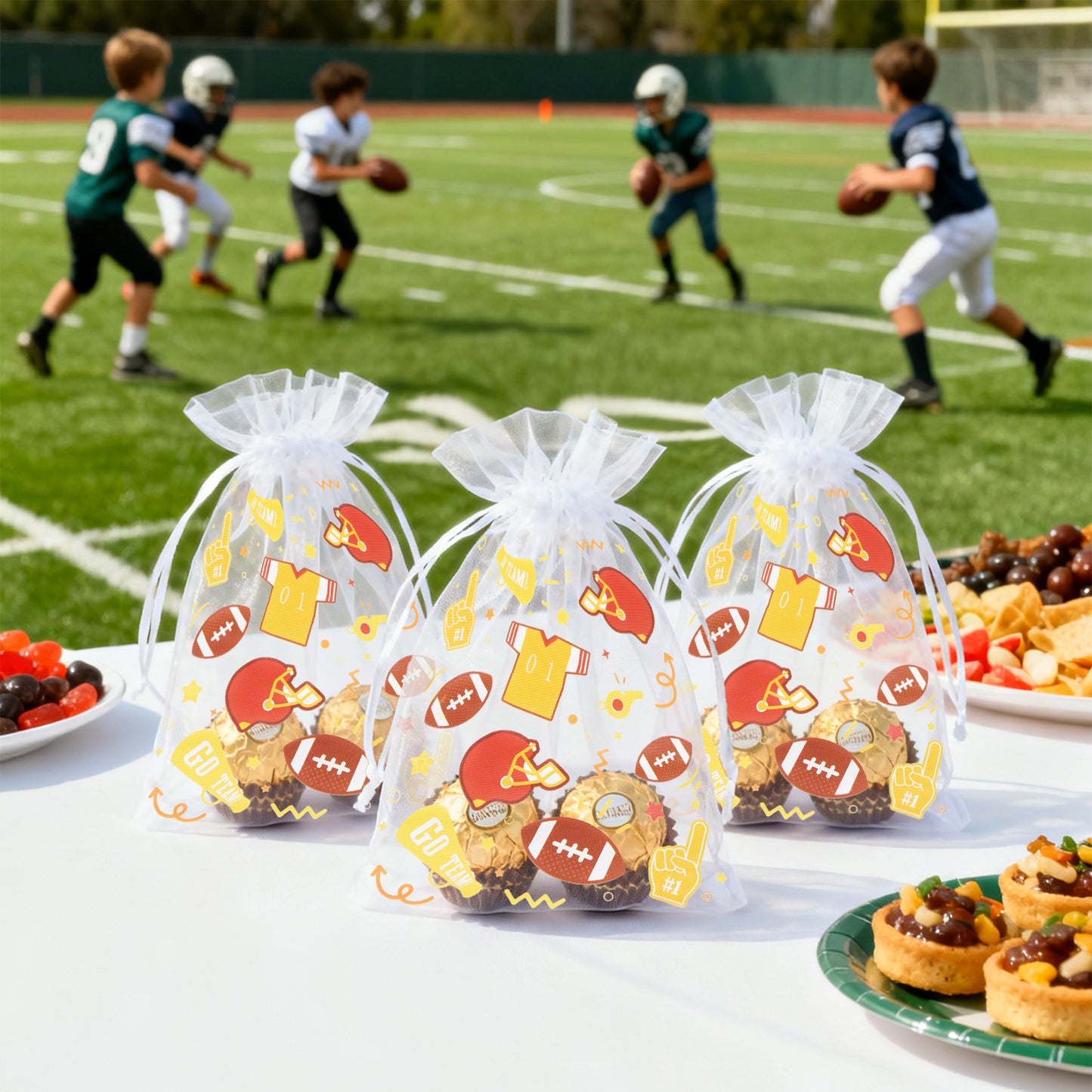 G2PLUS 30PCS Sports Theme Organza Bags 4x6, Sheer Mesh Drawstring Pouches for Football Party Favors, Game Day Party Treat Bags for Kids Birthday & Team Gifts