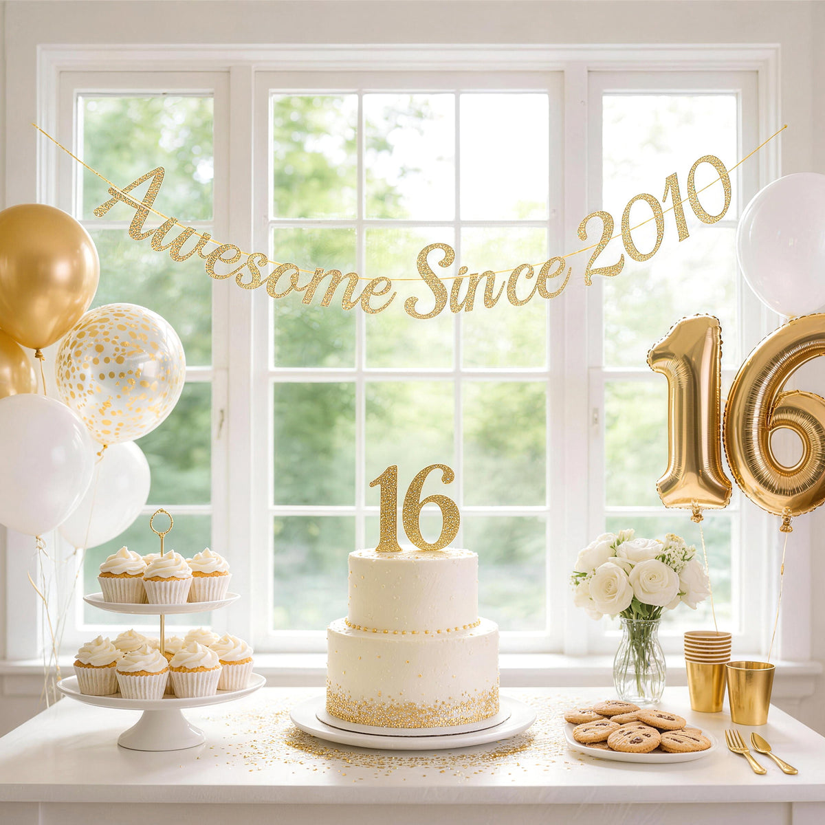 G2PLUS Pre-Strung 16th Birthday Banner, Glitter 16th Birthday Decorations Champagne Gold Happy 16th Birthday Banner, 3m Awesome Since 2010 Banner, 16th Birthday Party Decorations