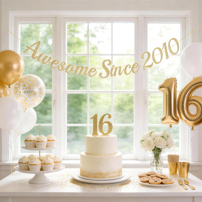 G2PLUS Pre-Strung 16th Birthday Banner, Glitter 16th Birthday Decorations Champagne Gold Happy 16th Birthday Banner, 3m Awesome Since 2010 Banner, 16th Birthday Party Decorations