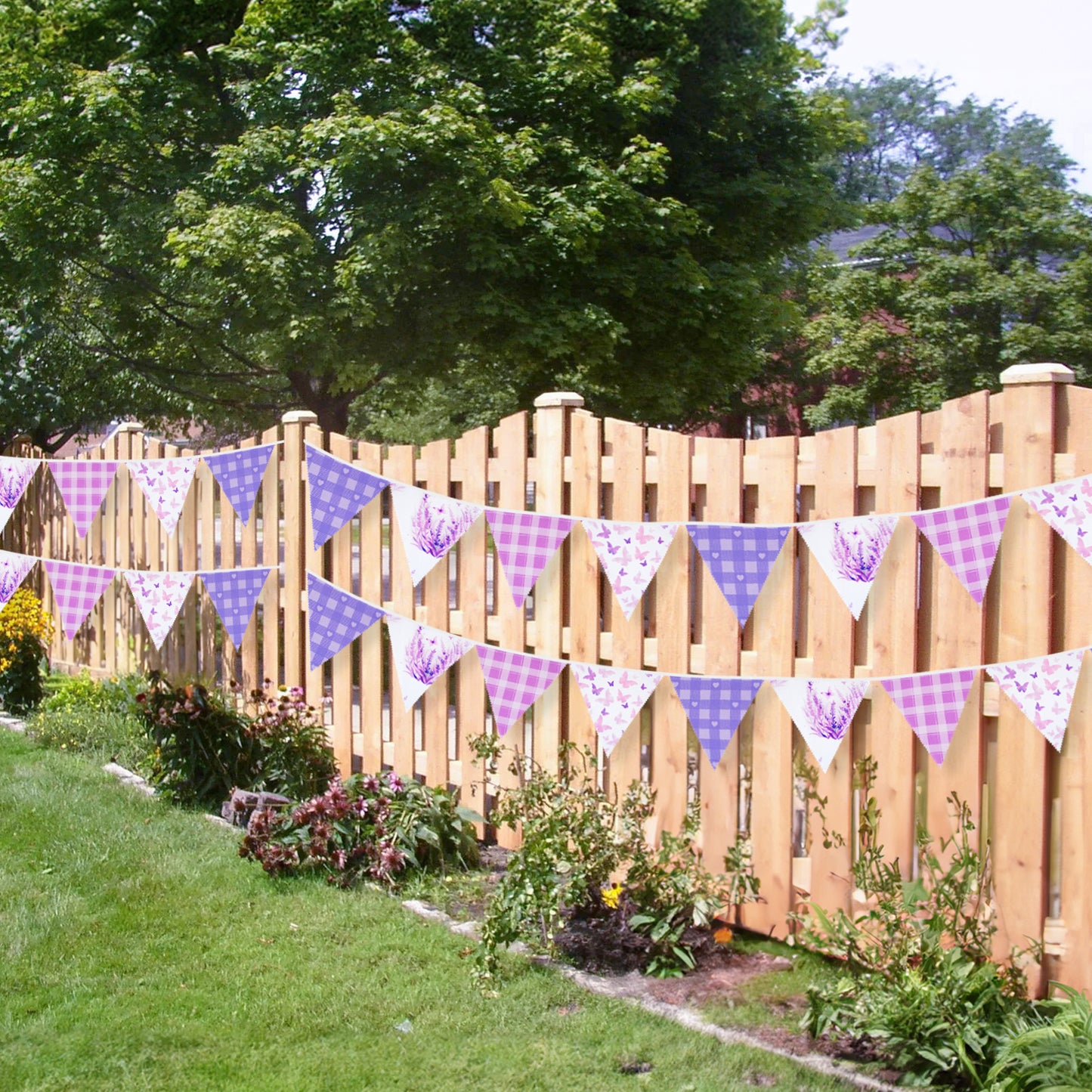 G2PLUS Purple Triangle Bunting Banner, 39FT Extra Long Reusable Cotton Triangle Flags, Pre-Sewn Gingham Garland Pennant Banner for Garden Party, Bridal Shower & Outdoor Decor