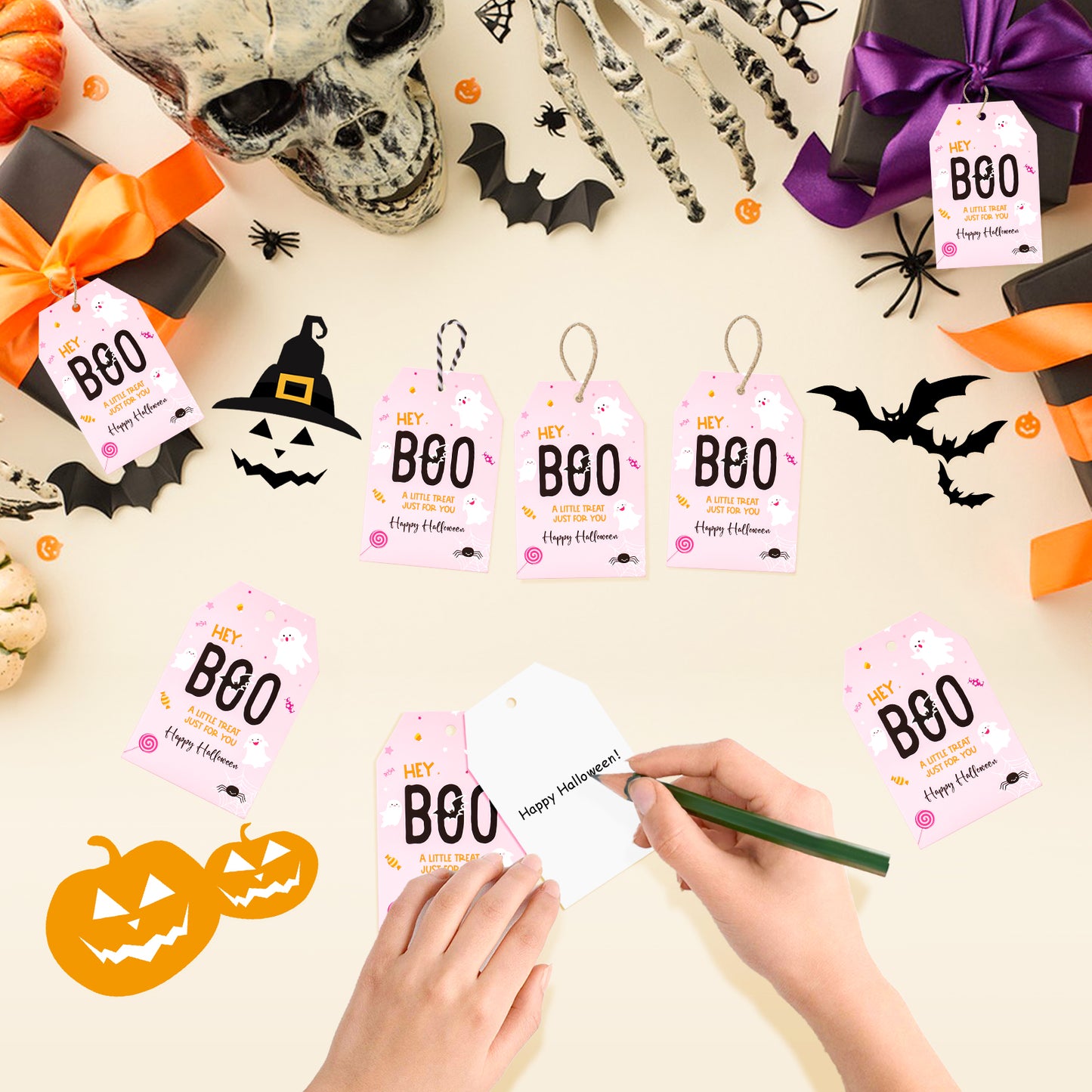 G2PLUS Happy Halloween Tags, 100PCS Halloween Boo Gift Tags, Halloween Treat for You Tags, Ghost Gift Tag, Halloween Paper Gift Tags with String for Gift Wrapping, Halloween Party Favors Supplies