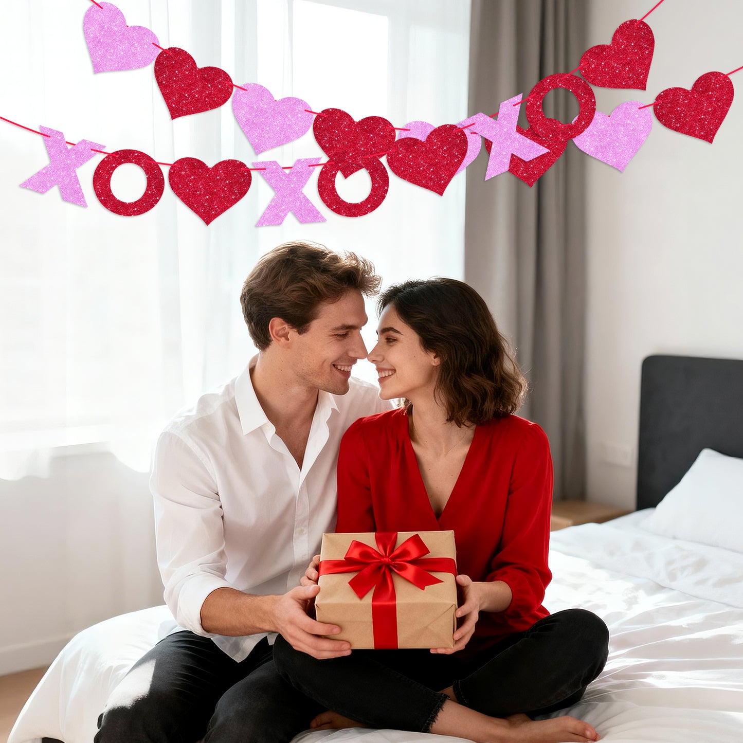 G2PLUS Valentines Day Banner, Glitter Red Pink Heart Party Banner, Pre-strung XOXO Paper Bunting Flag Garlands for Valentine’s Day, Anniversary, Wedding, Home Decoration & Photo Backdrop