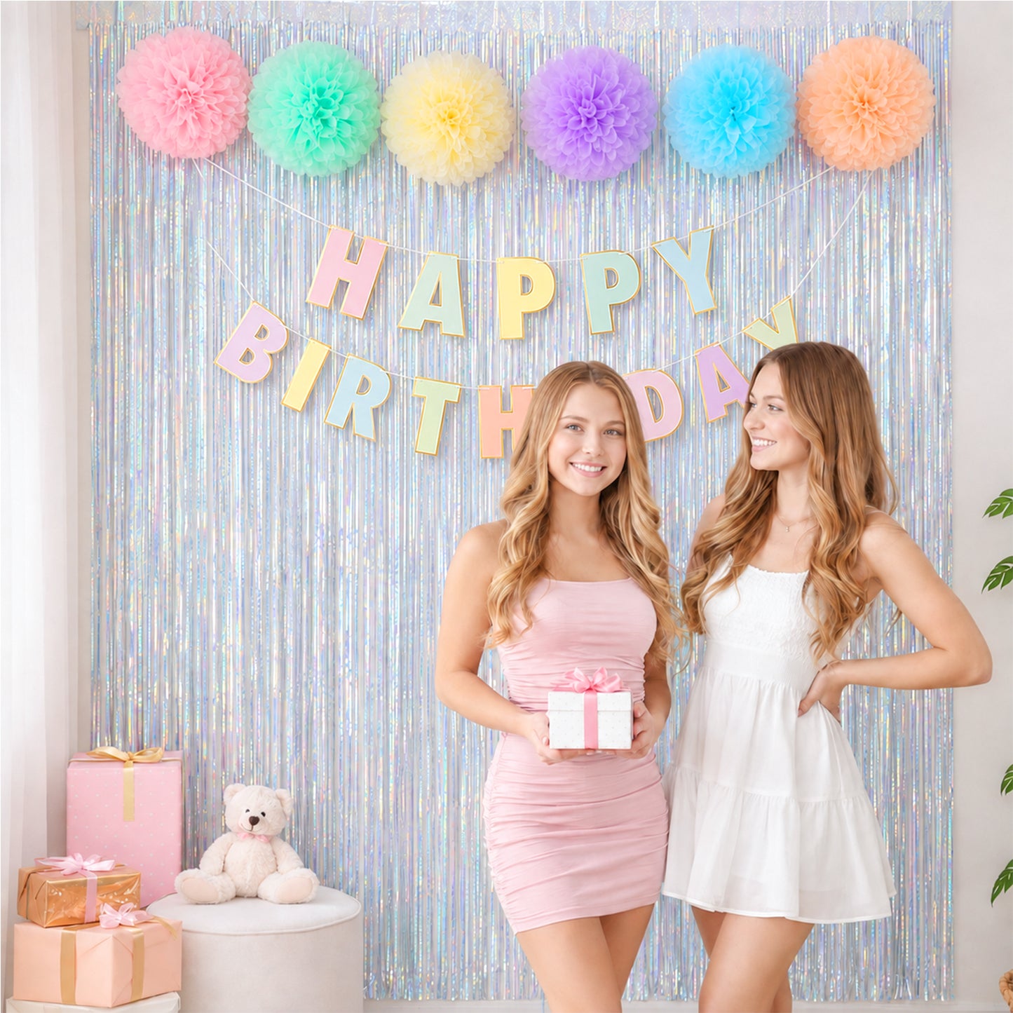 G2PLUS Pastel Birthday Decorations Set, Birthday Party Backdrop Decorations Pastel Happy Birthday Banner with 2PCS Silver Tinsel Curtains and 6PCS Paper Pom Poms for Kids and Family Parties