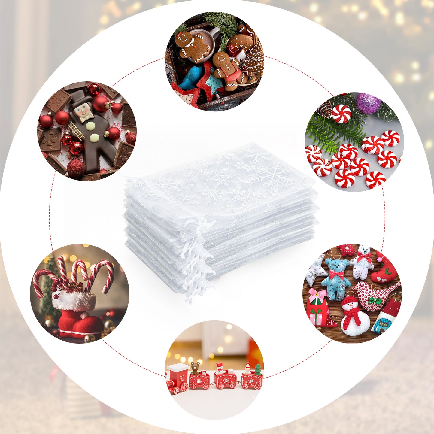 G2PLUS Christmas Drawstring Organza Bags, 50PCS Snowflake Organza Gift Bags, White Christmas Organza Bags 4x6, Mesh Sheer Organza Pouches, Xmas Winter Holiday Organza Bags for Jewelry, Candy, Goodies