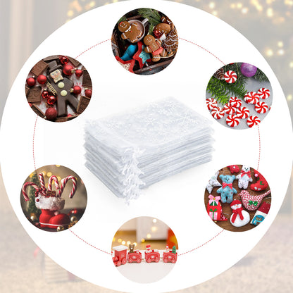 G2PLUS Christmas Drawstring Organza Bags, 50PCS Snowflake Organza Gift Bags, White Christmas Organza Bags 4x6, Mesh Sheer Organza Pouches, Xmas Winter Holiday Organza Bags for Jewelry, Candy, Goodies