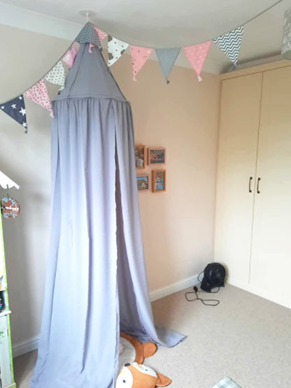 G2PLUS 10.8Ft Cotton Triangle Bunting Banner – 12pcs Pink and Grey Fabric Pennant Flag with Tassels, Double Side Triangle Banner Garland for Weddings, Birthdays, Garden & Baby Showers