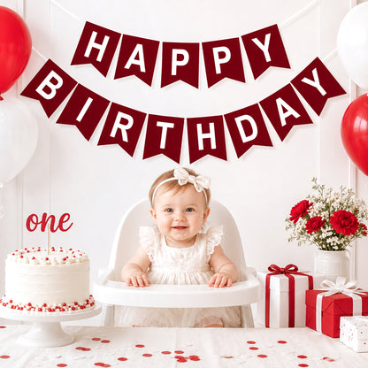 G2PLUS Pre-Strung Happy Birthday Banner Burgundy and White: 16 x 20 cm Large No-DIY Classic Birthday Banner for Elegant, Grown-up, Christmas Birthday Party Decorations