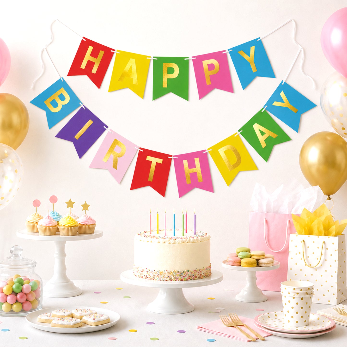 G2PLUS Pre-Strung Happy Birthday Banner Gold Corlorful: 16 x 20 cm Large No-DIY Birthday Banner for Kid's Birthday Party Decorations