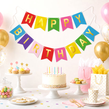 G2PLUS Pre-Strung Happy Birthday Banner Gold Corlorful: 16 x 20 cm Large No-DIY Birthday Banner for Kid's Birthday Party Decorations