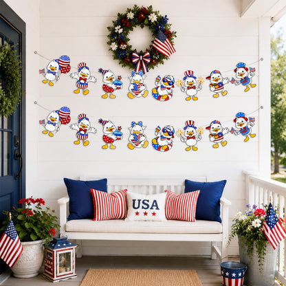 G2PLUS American Flag Garland 19.6Ft, Pre-Strung Patriotic Duck Banner, Red White Blue Paper Banner for 4th of July, Independence Day, Memorial Day, Baby Shower, USA Theme Party Decorations