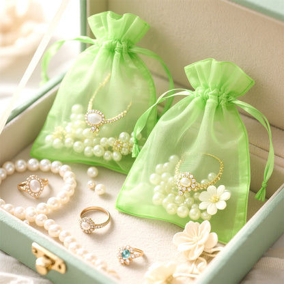 G2PLUS 25PCS Drawsring Organza Bags 5x7 inches - Light Green Organza Gift Bag, Sheer Mesh Pouches for Candy, Jewelry, Fruits, Wedding Party Favors