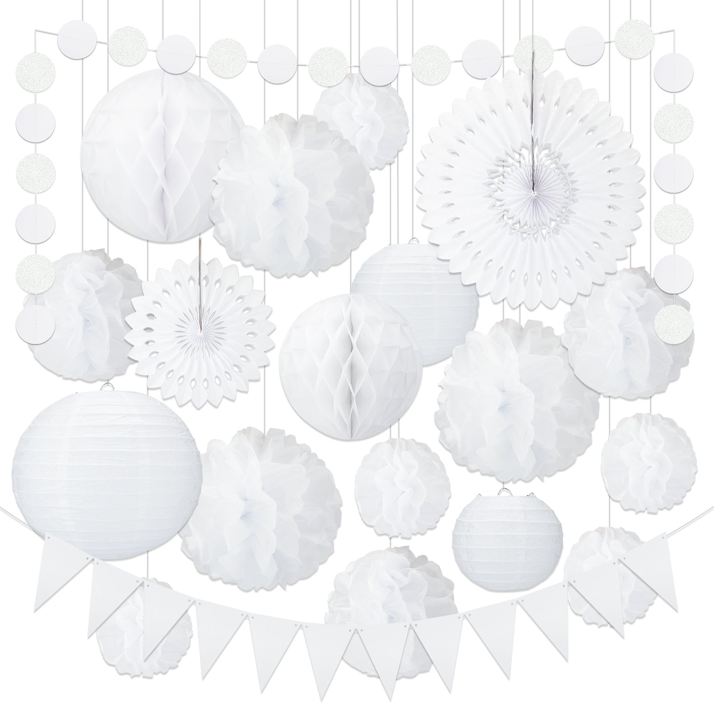 G2PLUS 20PCS White Wedding Decoration - Hanging Pom Poms Flowers - Hanging Paper Fans with Triangle Bunting Flags for Wedding Baby Shower Party Decoration