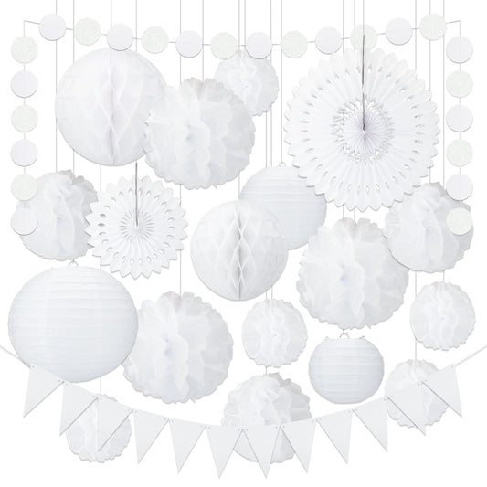 G2PLUS 20PCS White Wedding Decoration - Hanging Pom Poms Flowers - Hanging Paper Fans with Triangle Bunting Flags for Wedding Baby Shower Party Decoration