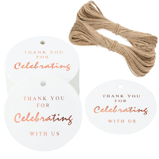 G2PLUS 50PCS Thank You for Celebrating with us Tags, Wedding Favor Tags with String, 5.5CM Rose Gold Thank You Tags for Baby Shower, Wedding Favor Party Decor