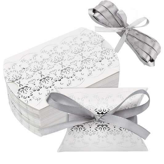 G2PLUS 50PCS Wedding Favour Candy Boxes - Small Pillow Gift Box with Ribbon - Silver Pillow Candy Boxes for Wedding Party Birthday Decoration