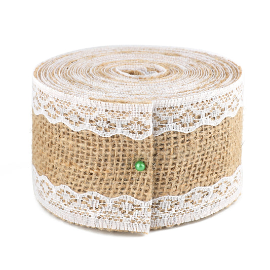 G2PLUS Hessian Burlap Ribbon with Lace, 5M Natural Jute Trim Craft Ribbon, Rustic Hessian Themed Tape for Gift Wrapping and Crafts