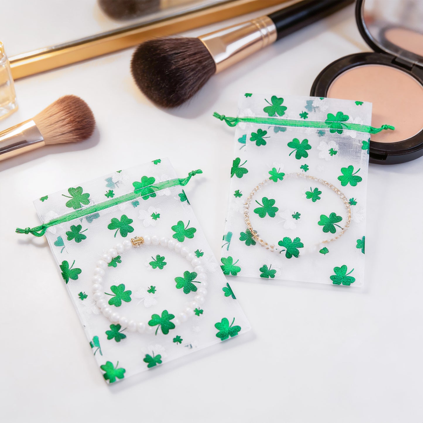 G2PLUS 50PCS St.Patrick's Day Gift Bags Organza 4x6in, Green Foil Shamrock Sheer Mesh Organza Pouches with Drawstring for St.Patrick's Day Party Favors, Candy Gift Bags & Wedding Favors