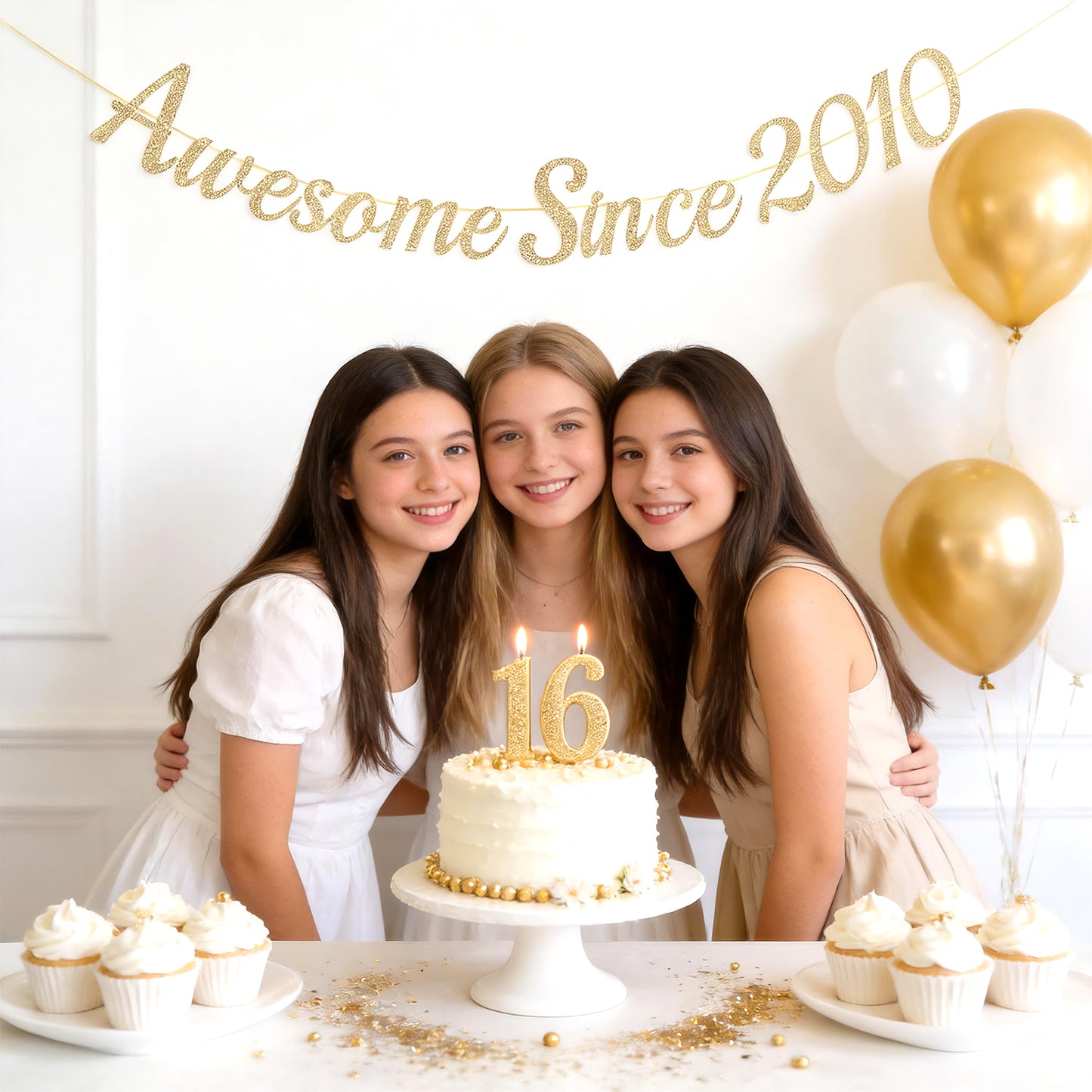 G2PLUS Pre-Strung 16th Birthday Banner, Glitter 16th Birthday Decorations Champagne Gold Happy 16th Birthday Banner, 3m Awesome Since 2010 Banner, 16th Birthday Party Decorations