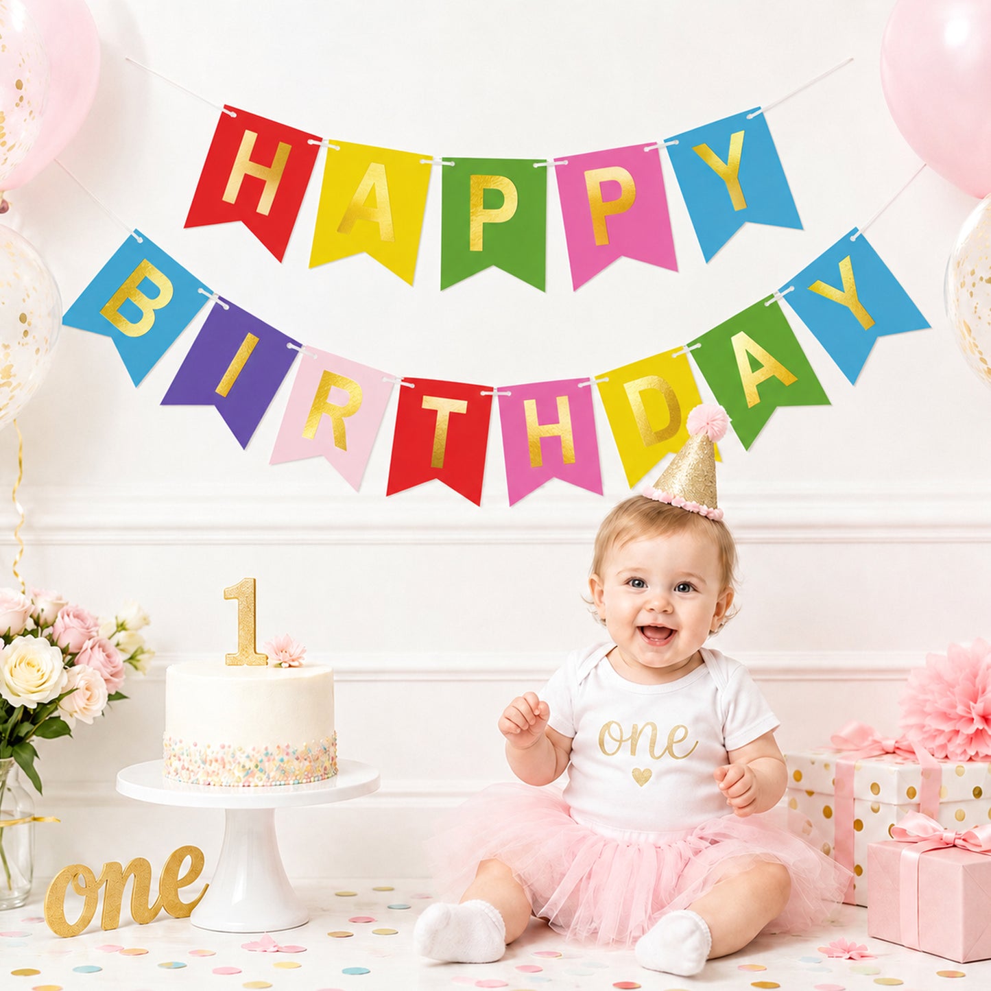 G2PLUS Pre-Strung Happy Birthday Banner Gold Corlorful: 16 x 20 cm Large No-DIY Birthday Banner for Kid's Birthday Party Decorations