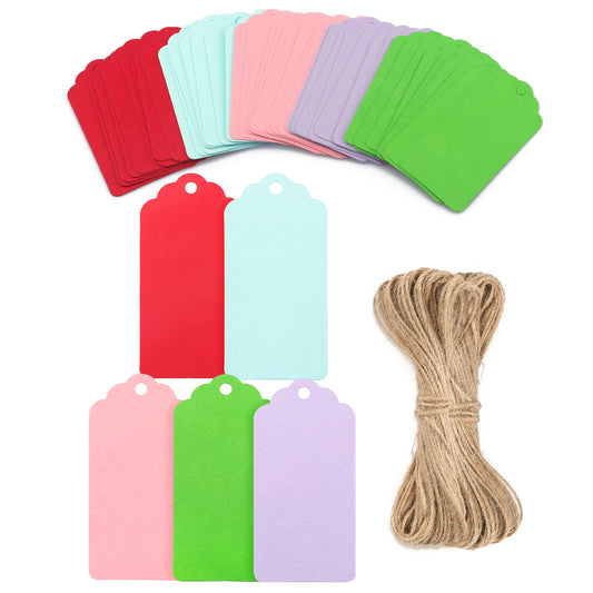 G2PLUS Kraft Paper Gift Tags - 100PCS Large Plain Gift Tags -5x10CM Multi-Colored Blank Labels with String for Presents, 300g/m²