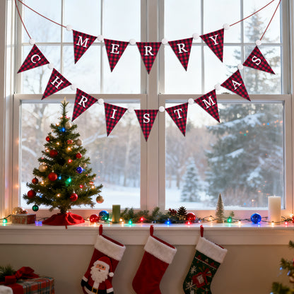G2PLUS Merry Christmas Burlap Banner, 19.6Ft Red and Black Buffalo Plaid Banner, Pre-strung Triangle Pennant Flag Garland Bunting for Holiday Party, Fireplace Wall, Xmas Home Decorations