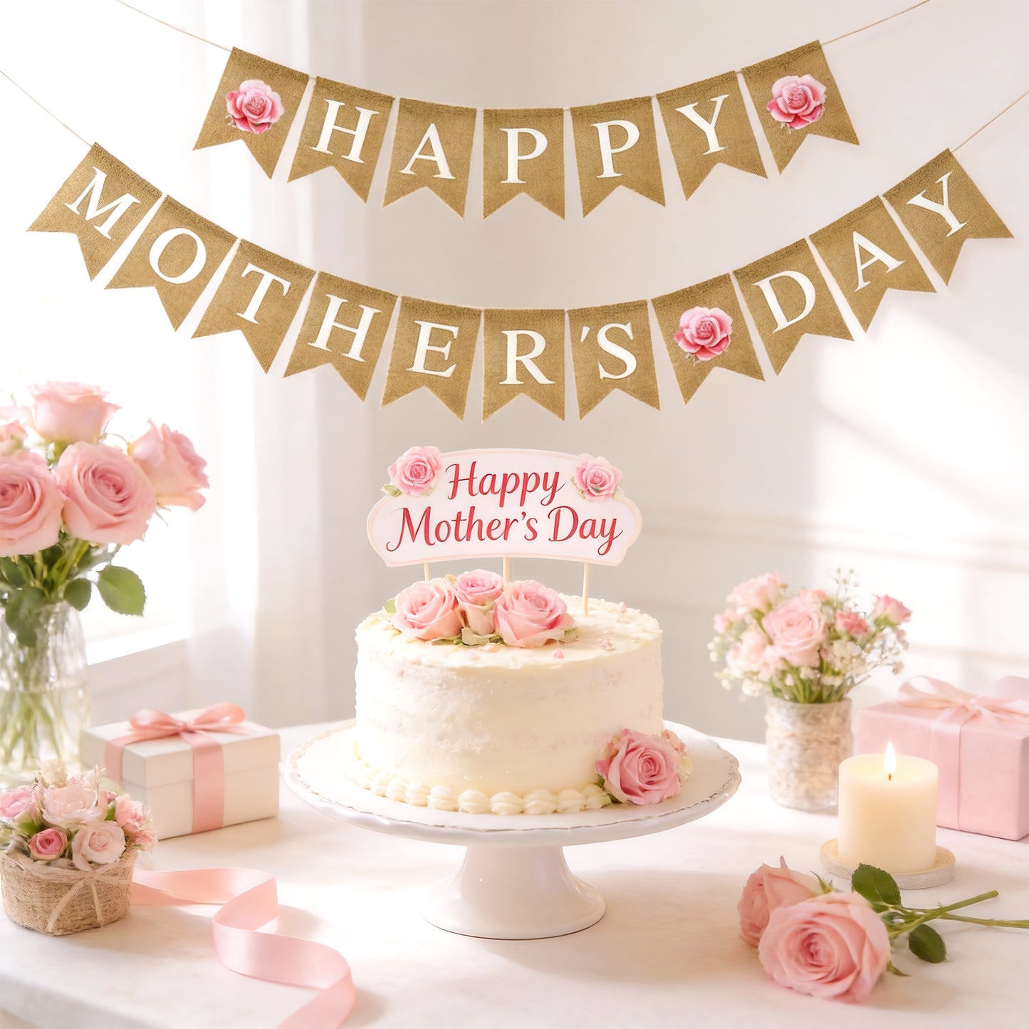 G2PLUS Happy Mother's Day Banner, Pre-strung Mothers Day Decorations Burlap Banner Garland with Pink Rose, Rustic Mothers Day Party Bunting Decor for Home Wall Photo Backdrop Indoor Outdoor