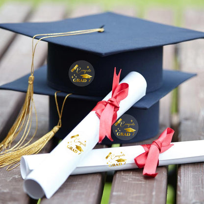 G2PLUS Graduation Stickers, 120PCS Congrats Grad Stickers, 1.6in Gold Foil Graduation Cap Stickers, Transparent Graduation Envelope Seal Sticker for Graduation Invitation and Grad Party Favors