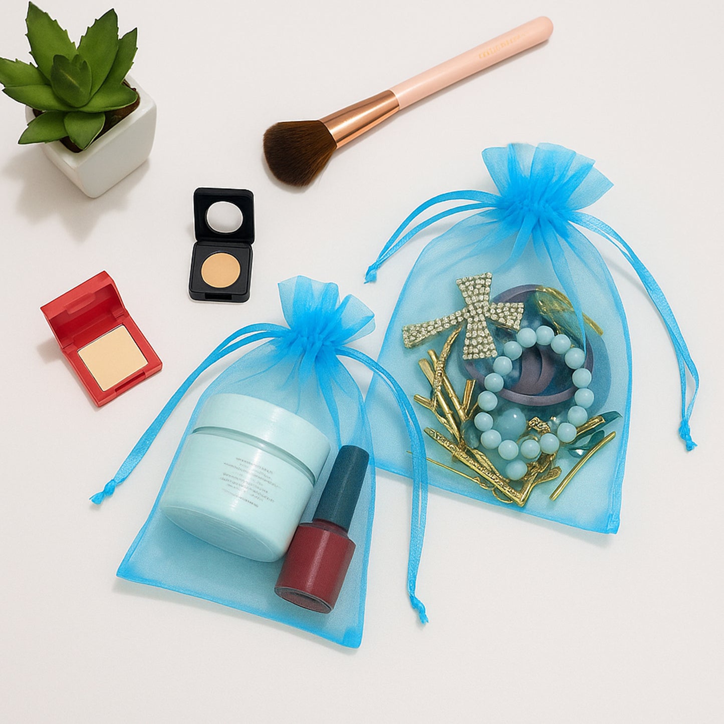 G2PLUS 25PCS Blue Organza Bags 5x7 inches, Sheer Mesh Jewelry Pouches, Organza Gift Bags with Drawstring for Candy, Jewelry, Wedding Party Favors